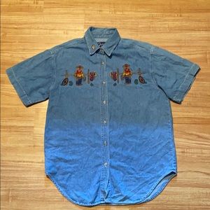 Women’s Let’s Quiz Again Denim Button Up s…